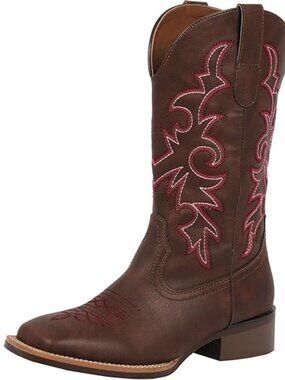 Women's Dark Brown Faux Leather Cowboy Femme Square Toe Mid Calf Cowboy Boots